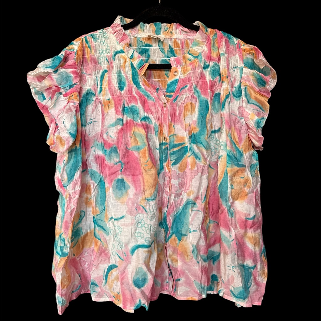 Bibi Multicolor Floral Watercolor Ruffle Blouse